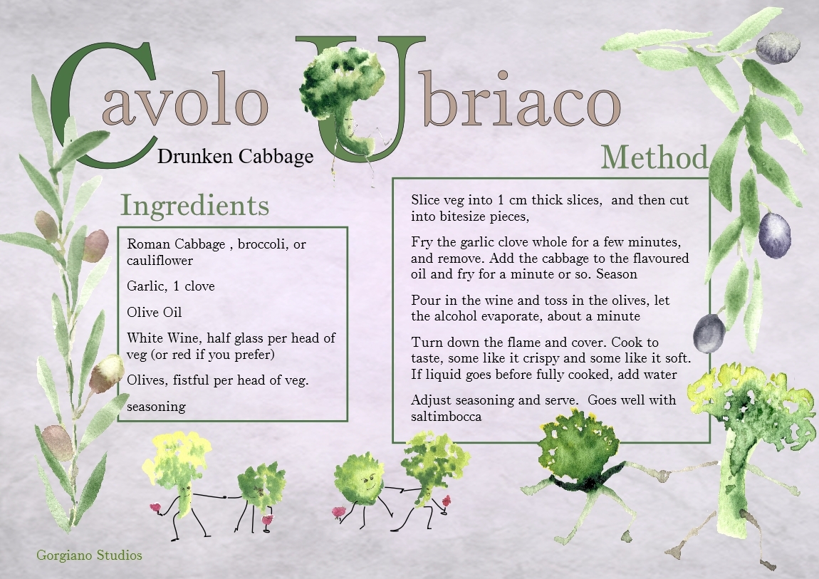Recipe for delicious cabbage, or broccoli from Gorgiano Studios, illustrated by Caroline Crawford