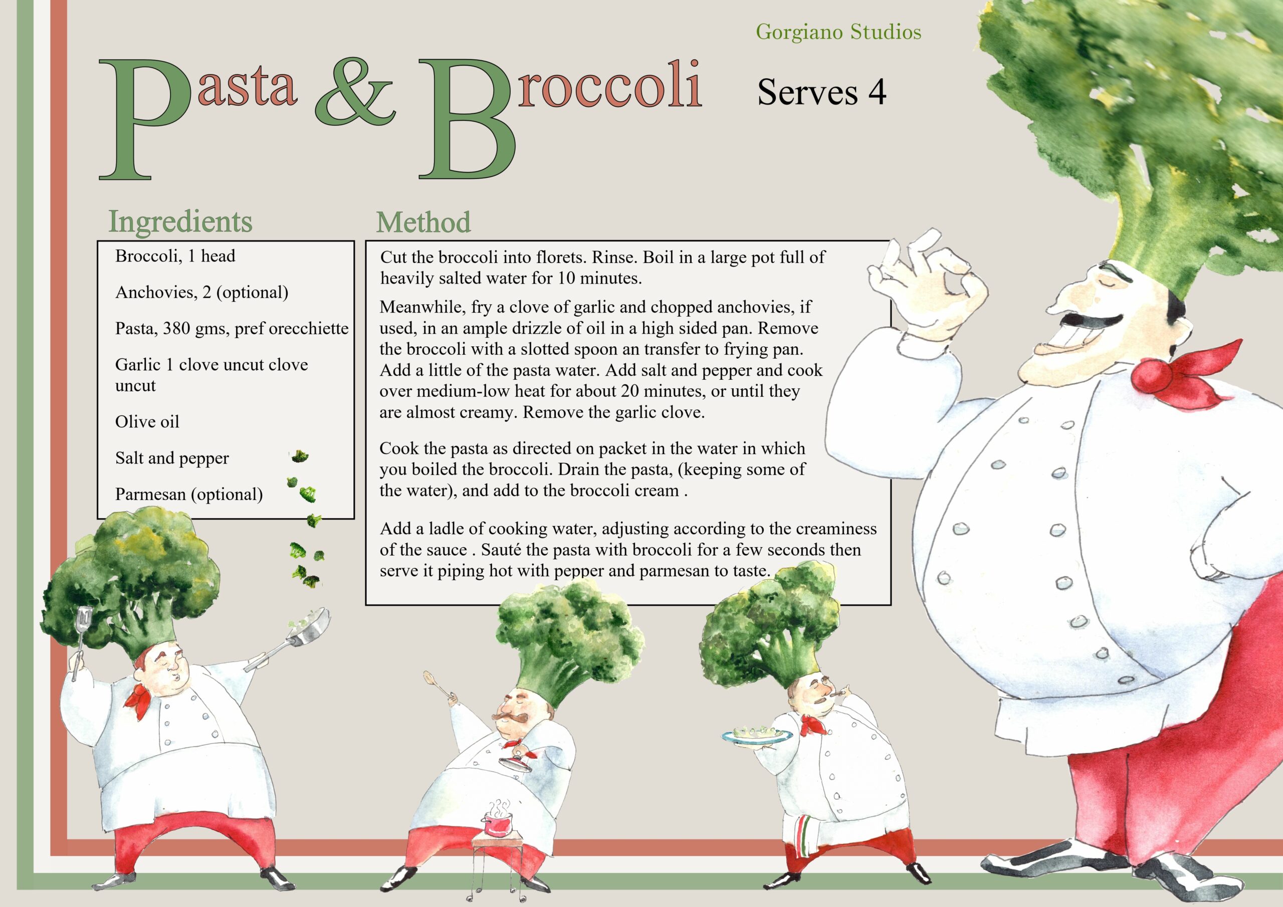 Recipe for pasta broccoli from Gorgiano Studios and Andreas authentic Italian cuisine
