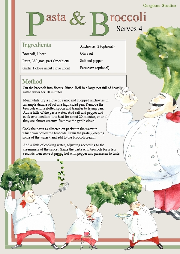 Recipe card for pasta broccoli from Gorgiano studios, jpeg