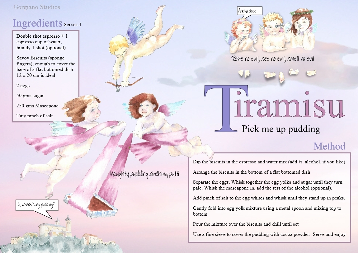 Tiramisu recipe from Gorgiano Studios, illustrated by Caroline Crawford