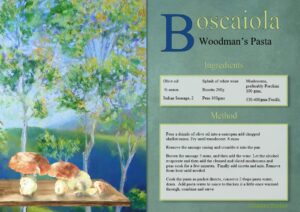 recipe card for Boscaiola pasta sauce, from Gorgiano Studios illustrated by Caroline Crawford