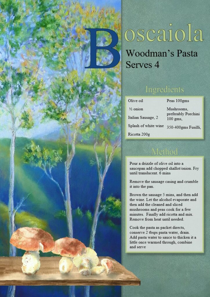recipe card for Boscaiola pasta sauce, from Gorgiano Studios illustrated by Caroline Crawford