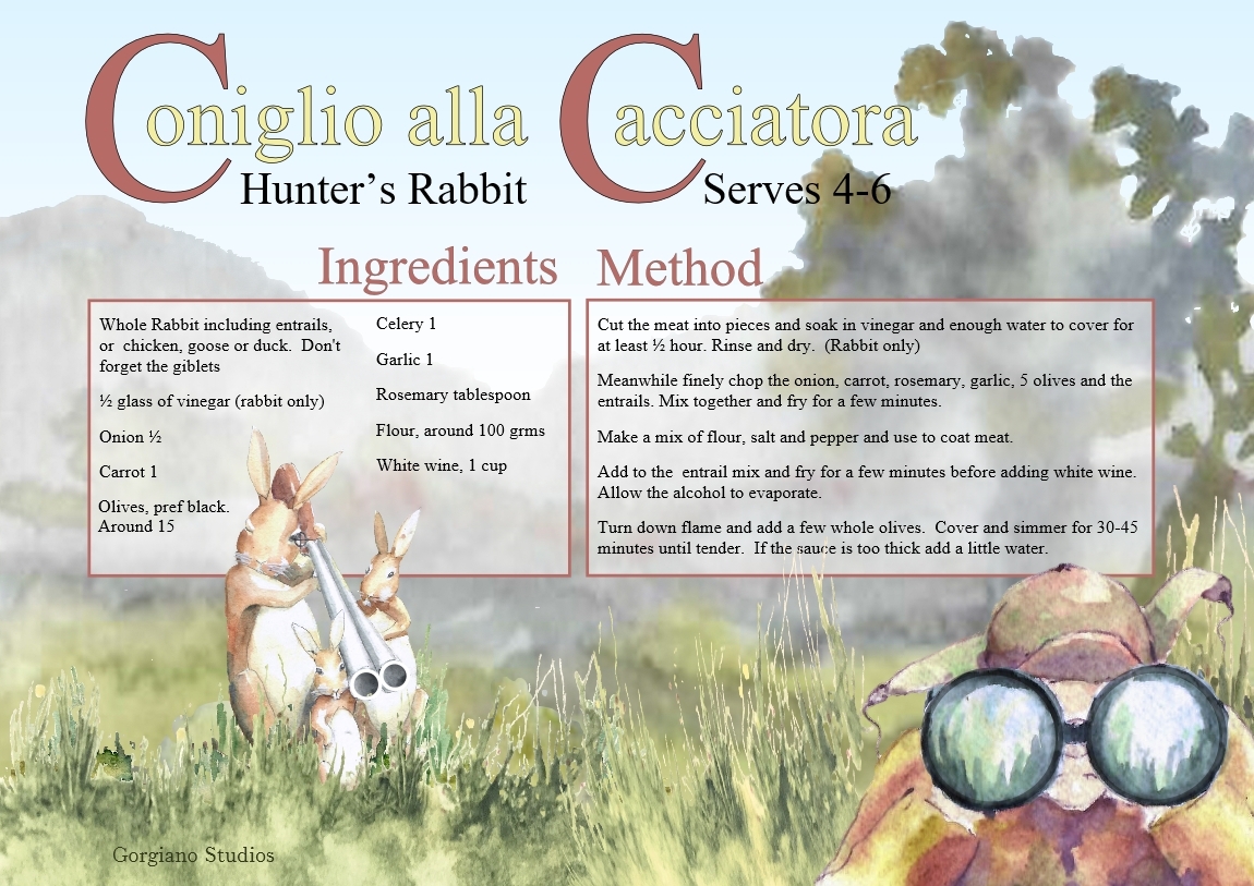 Recipe for coniglio cacciatore or hunters rabbit from Gorgiano Studios and paintingholidaysitaly.com, authentic Italian cooking