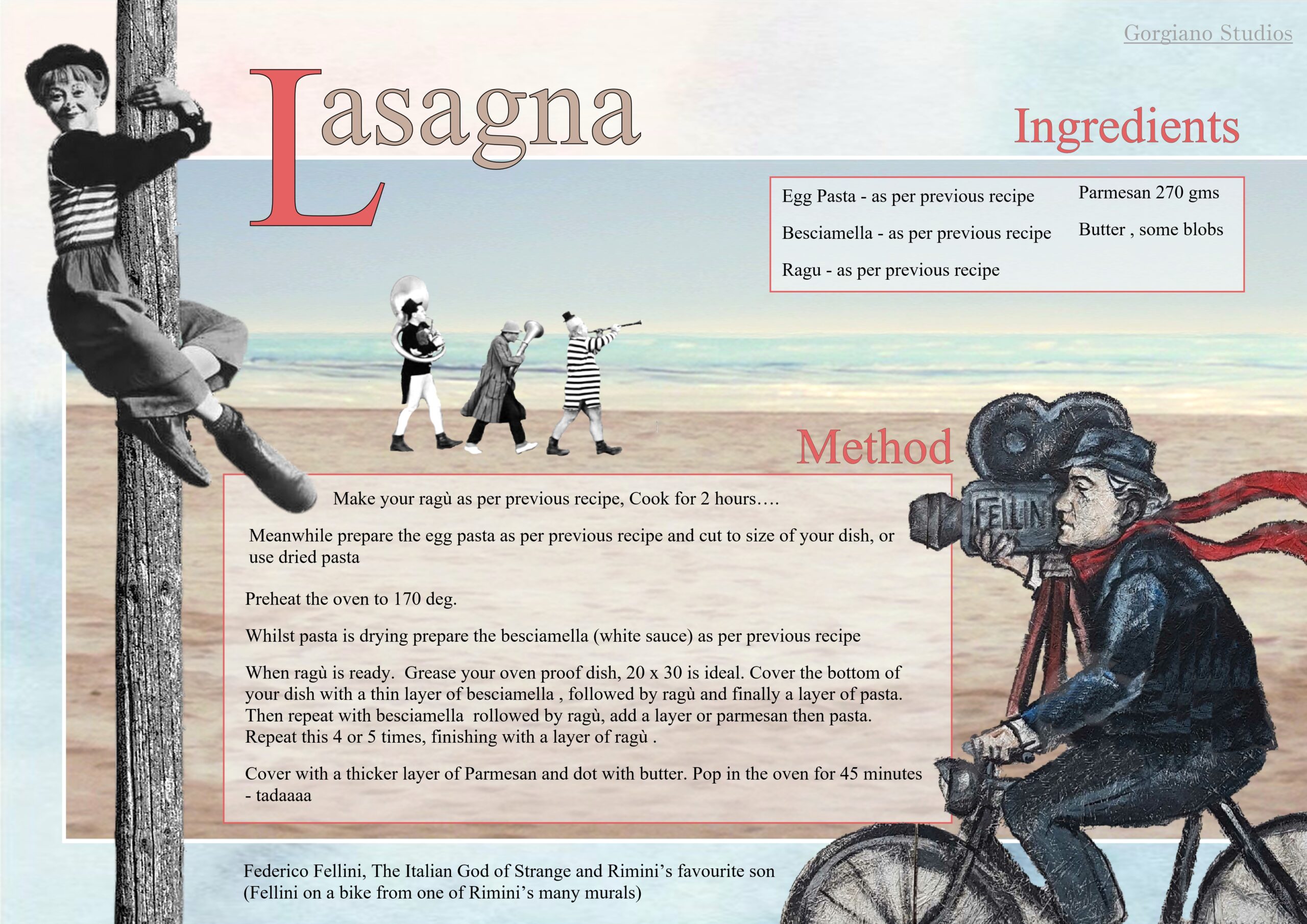 Recipe card for Lasagna from Gorgiano Studios, Andreas delicious Italian cooking illustrated by Caroline Crawford