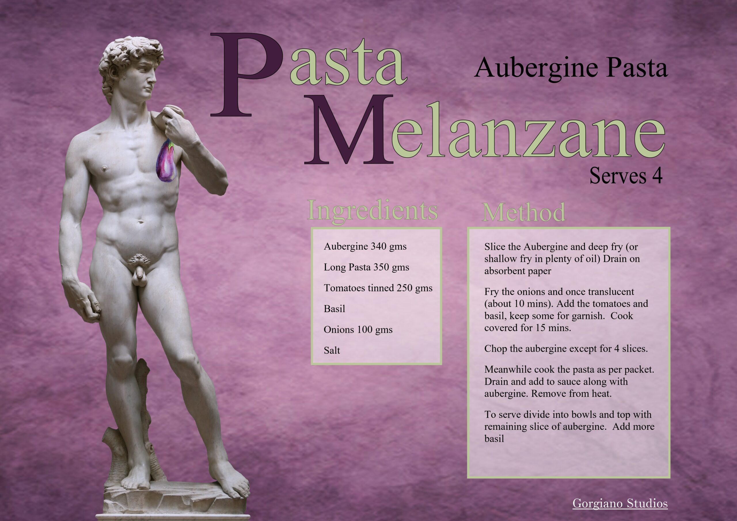 Melanzana pasta recipe from Gorgiano Studios for paintingholidayitaly illustrated by Caroline Crawford