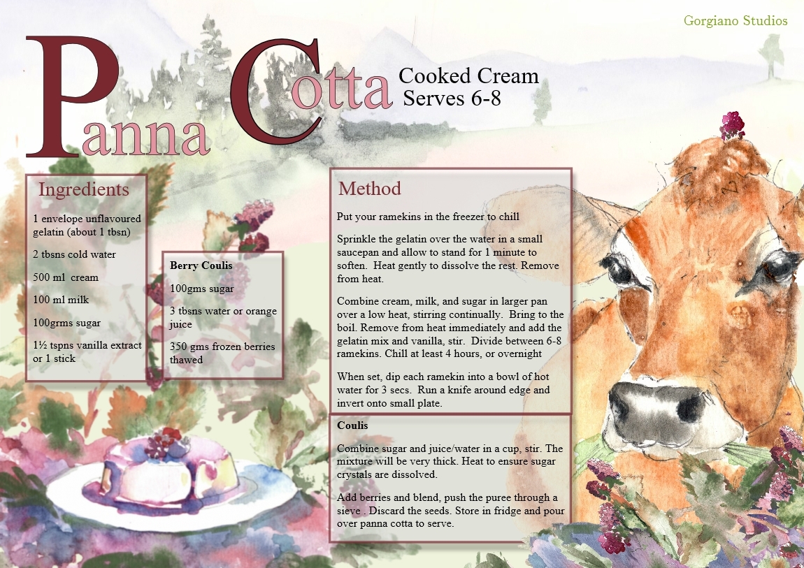 Panna cotta recipe from Gorgiano Studios, delicious dessert, authentic italian recipe illustrated by Caroline Crawford