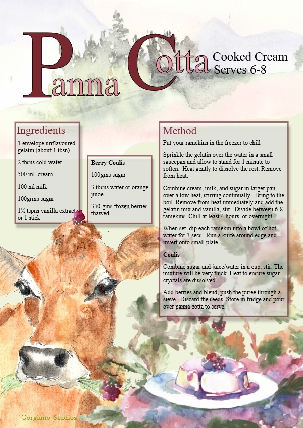 Panna cotta recipe from Gorgiano Studios, delicious dessert, authentic italian recipe illustrated by Caroline Crawford