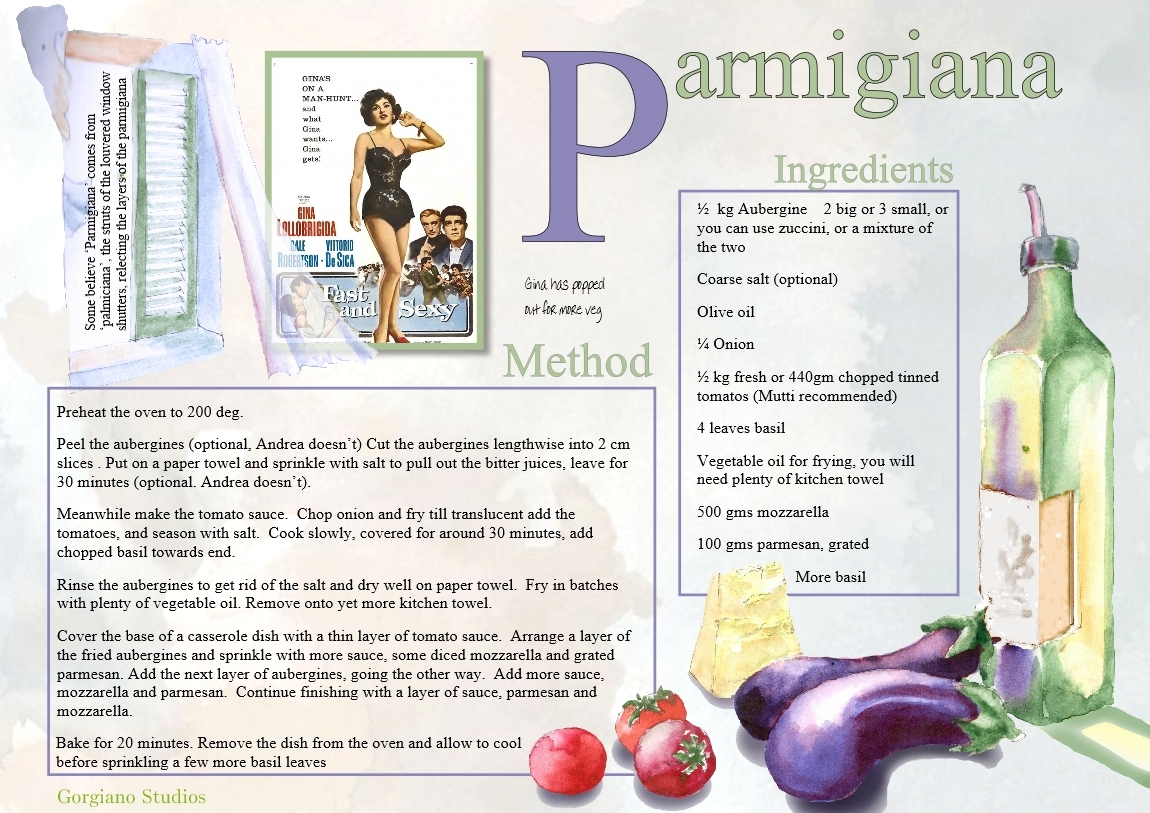 Parmgiana recipe from Gorgianos Studios, delicious Italian food from paintingholidaysitay.com illustrated by Caroline Crawford