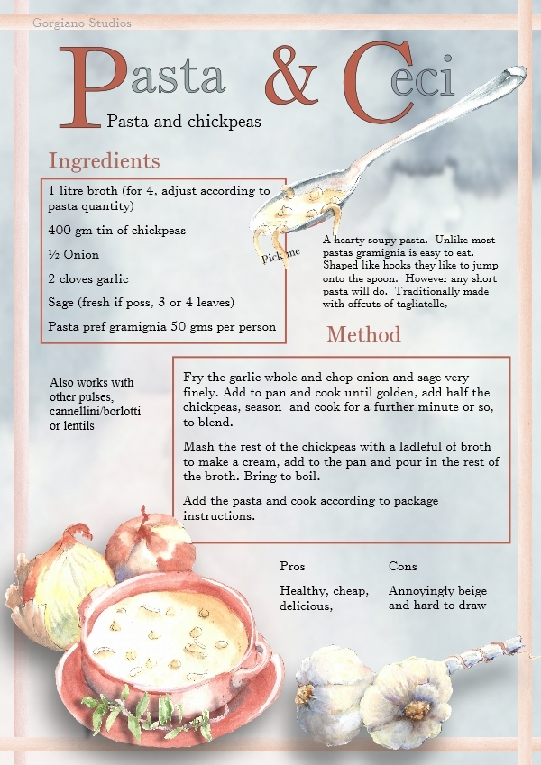 Recipe for chickpea pasta from Gorgiano Studios, for painting holidays in italy, illustrated by Caroline Crawford