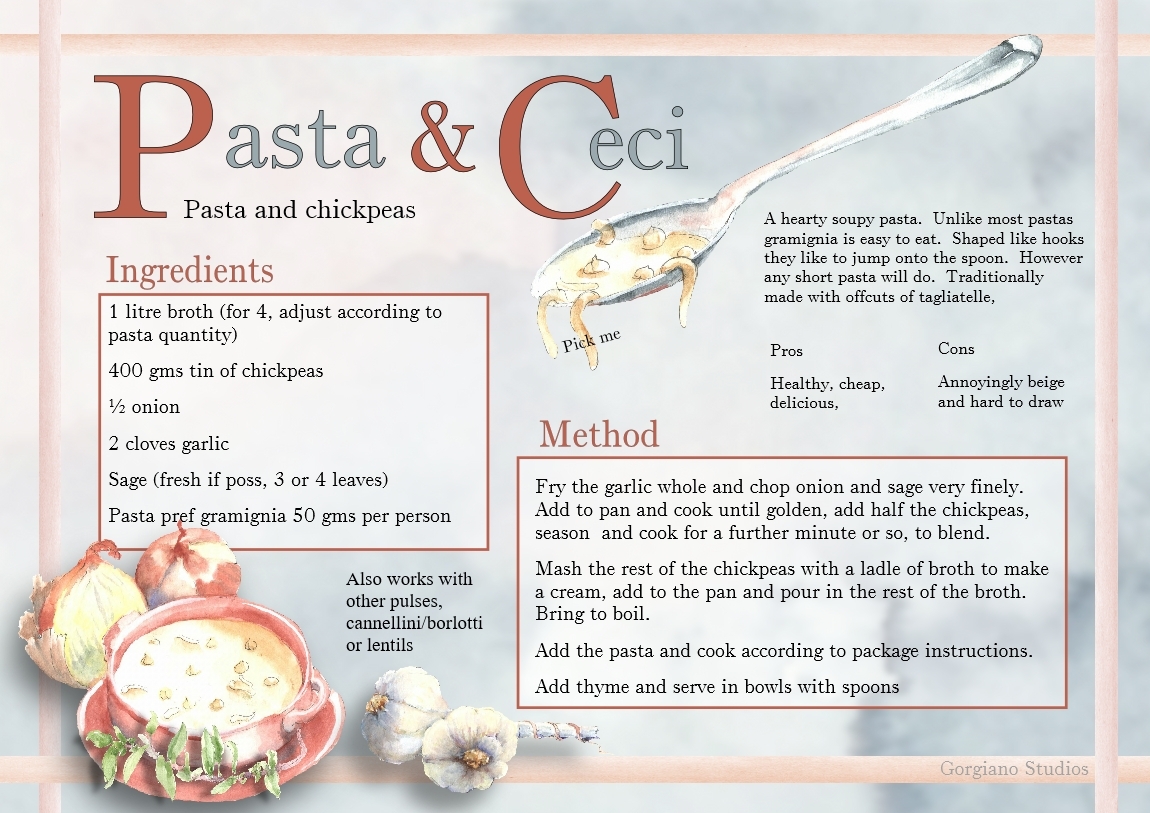 Recipe for chickpea pasta from Gorgiano Studios, for painting holidays in italy, illustrated by Caroline Crawford