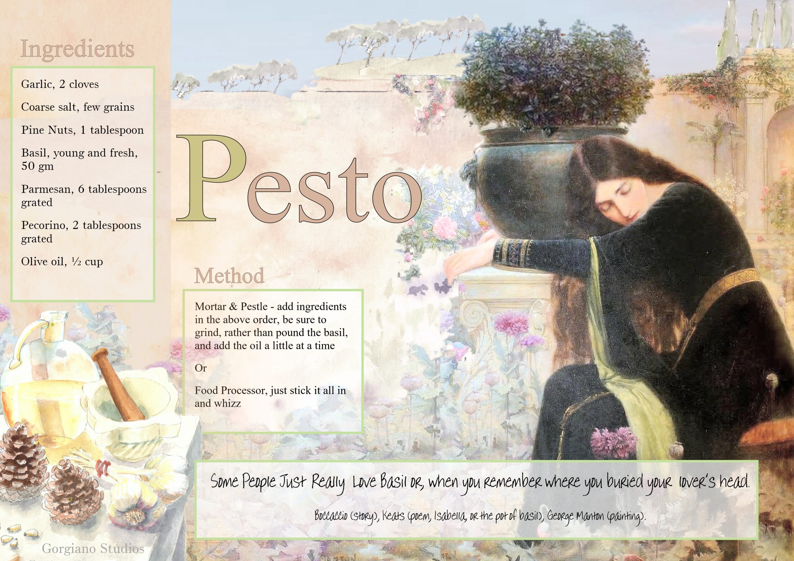 Recipe card for pesto from Gorgiano Studios, illustrated by Caroline Crawford. Crush it