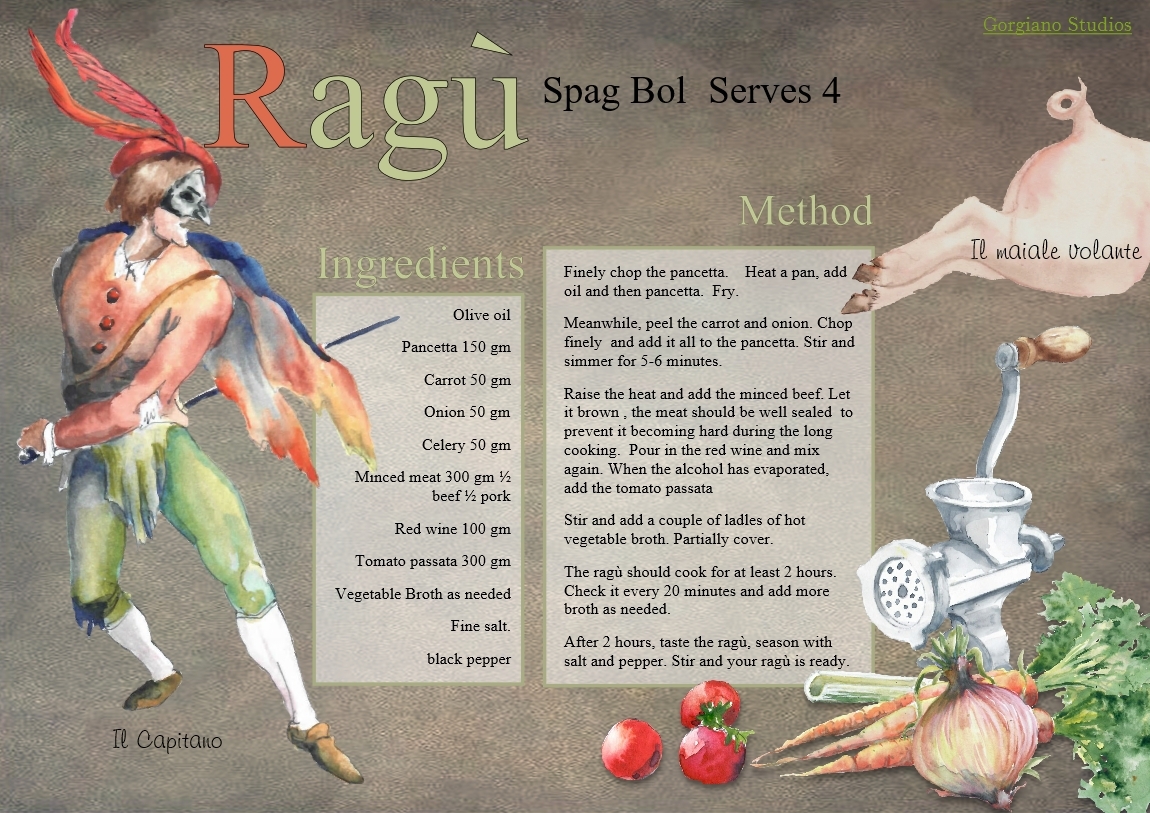 Recipe for Andreas delicious Ragu sauce, from Gorgiano Studios, illustrated by Caroline Crawford