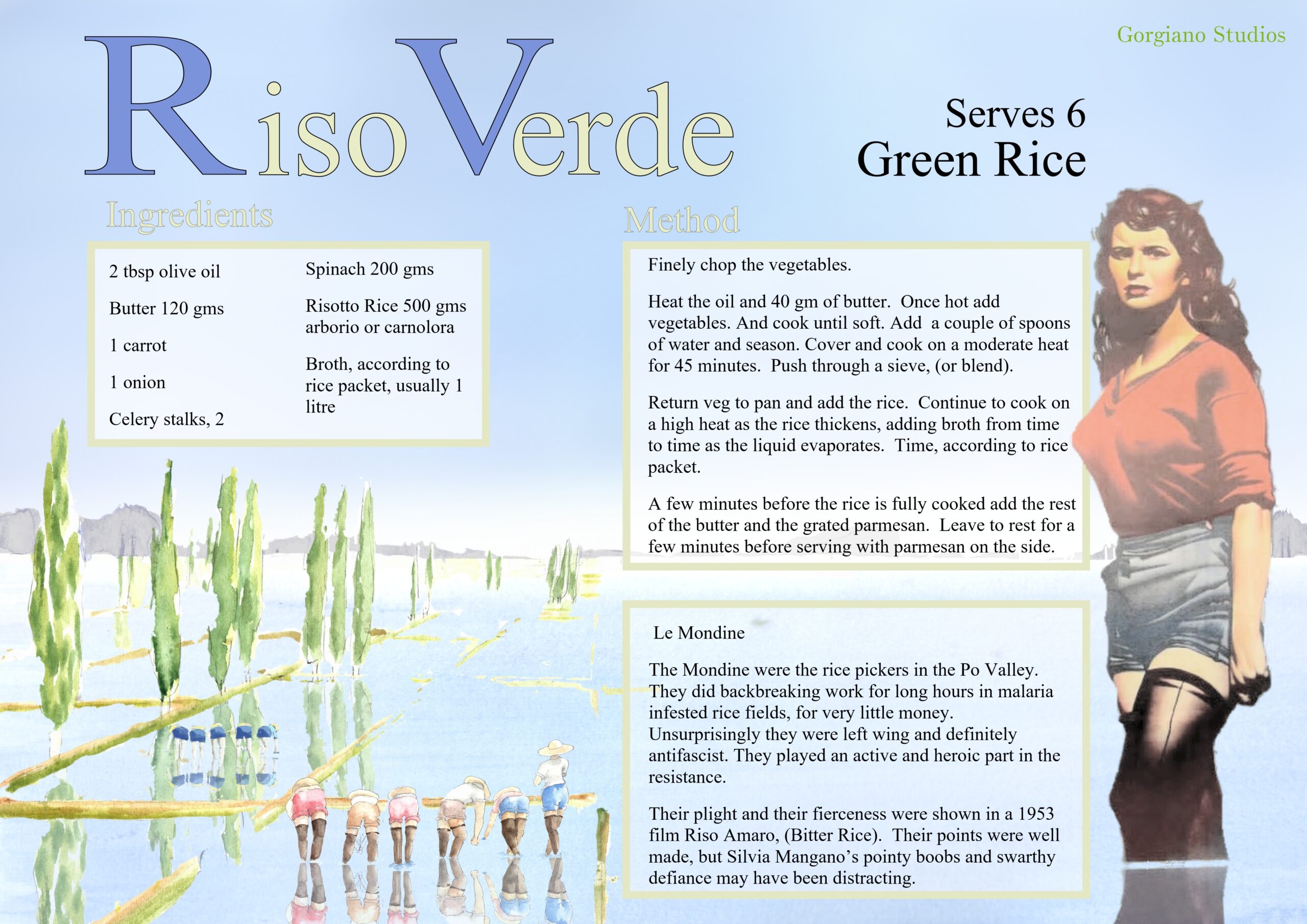 Recipe card for Riso Verde or spring Risotto from Gorgiano Studios, illustrated by Caroline Crawford