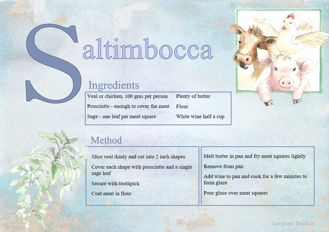 The recipe for saltimbocca for Gorgiano studios, drawn by Caroline Crawford