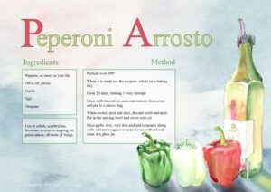 Recipe roast peperoni for Gorgiano Studios and painting holiday italy illustrated by Caroline Crawford