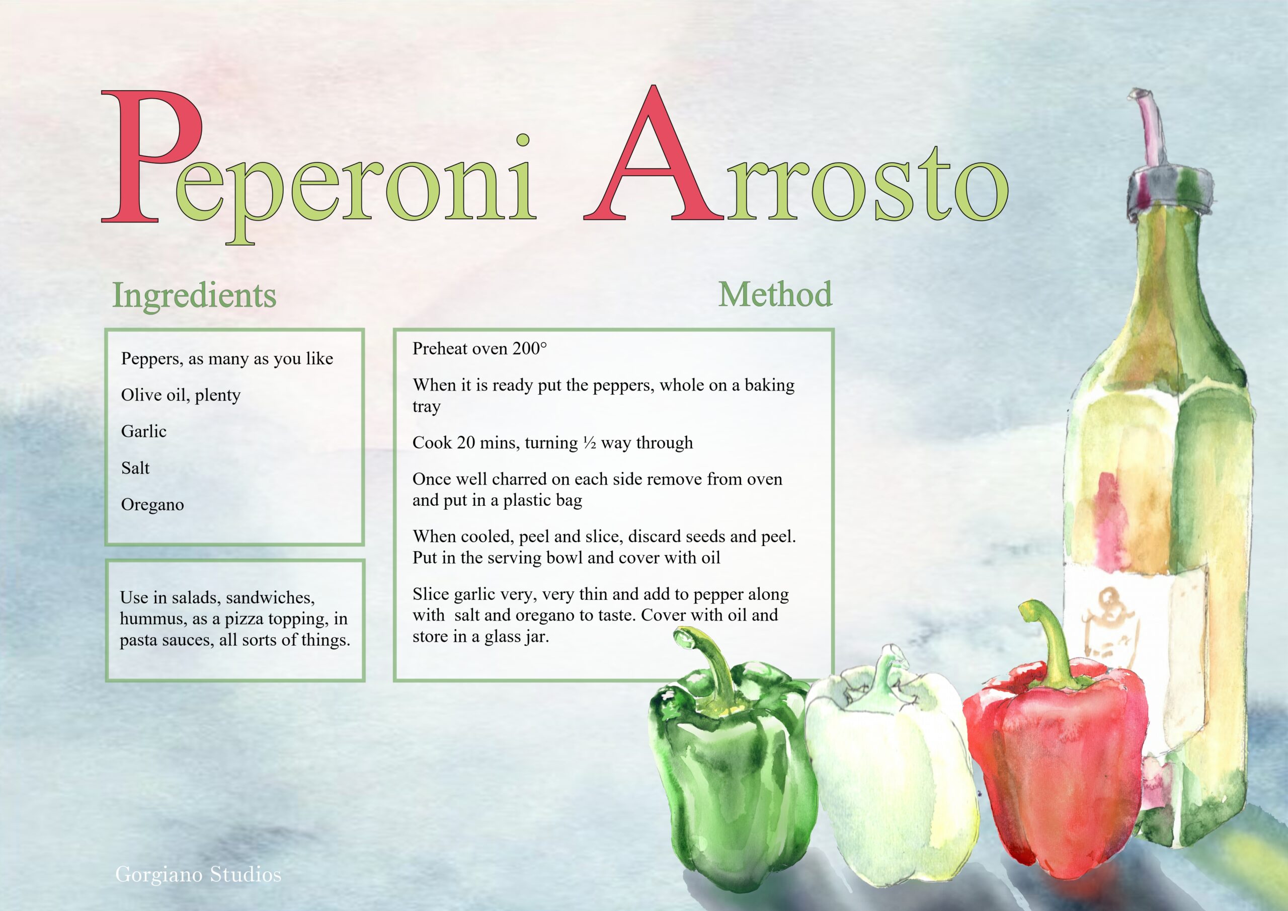 Recipe roast peperoni for Gorgiano Studios and painting holiday italy illustrated by Caroline Crawford