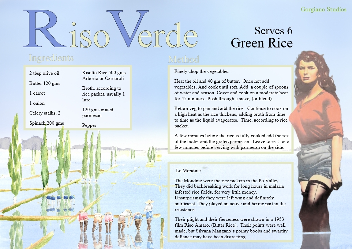 Recipe card for Riso Verde or spring Risotto from Gorgiano Studios, illustrated by Caroline Crawford