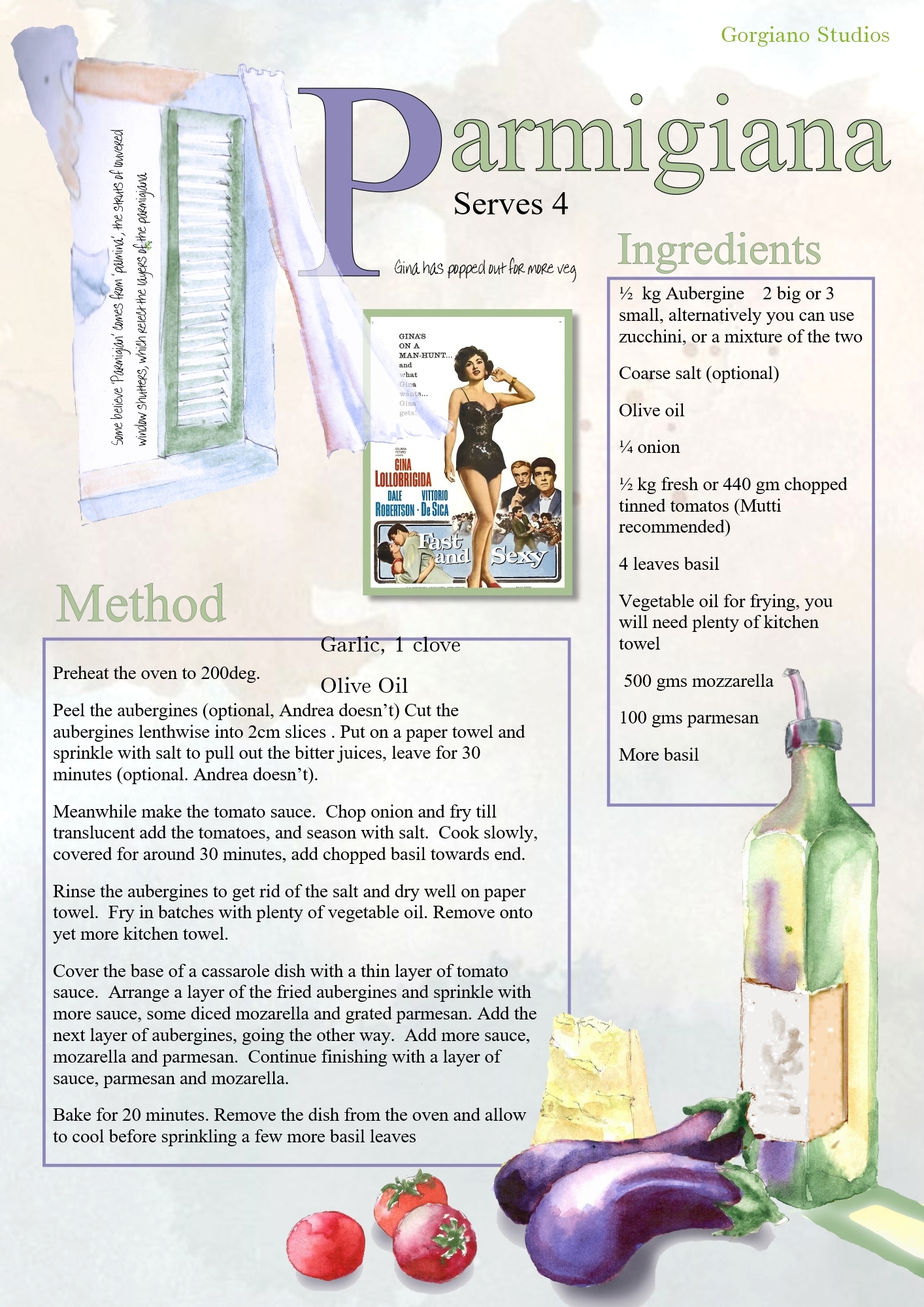 Parmgiana recipe from Gorgianos Studios, delicious Italian food from paintingholidaysitay.com illustrated by Caroline Crawford