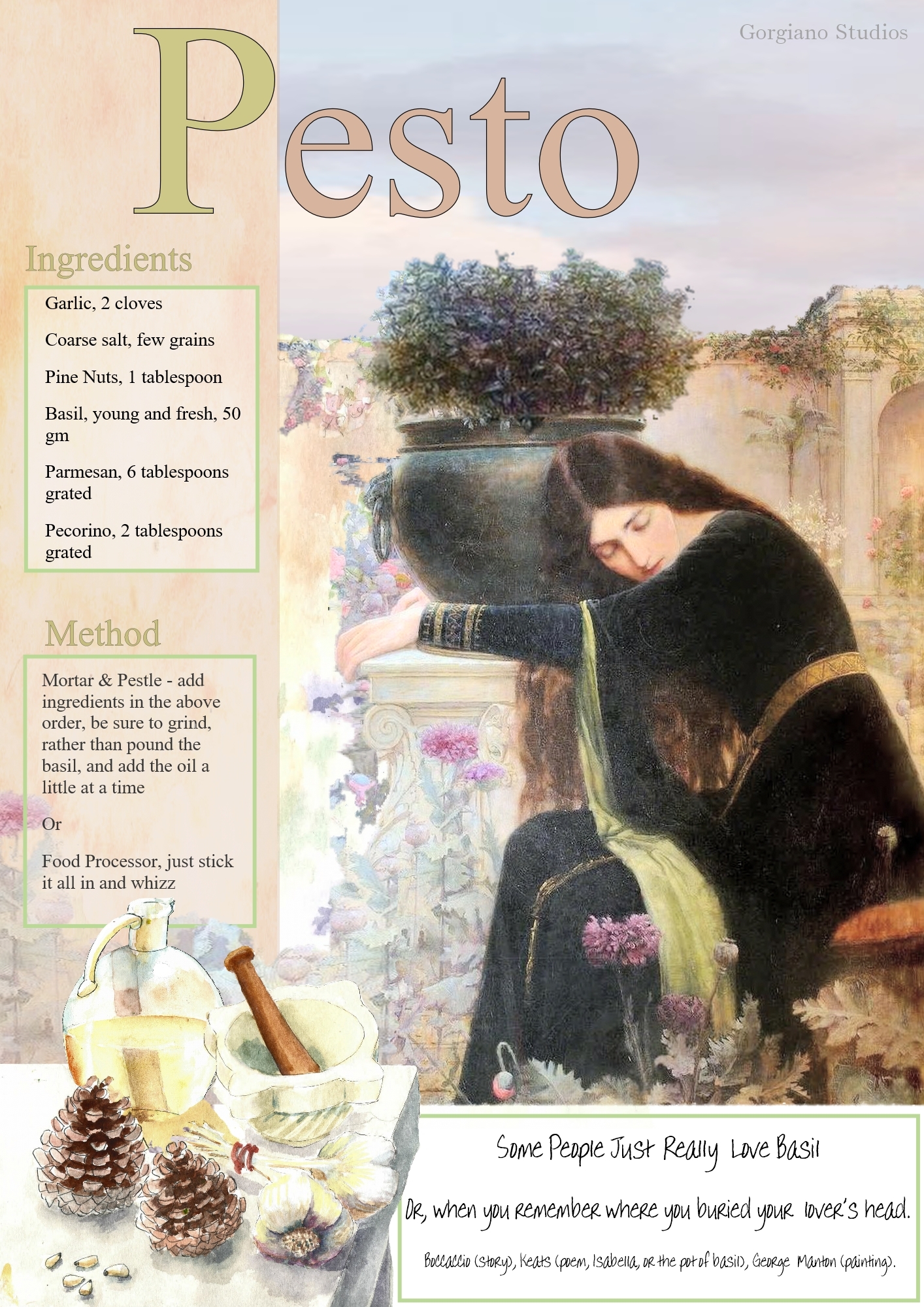 Pesto watercolour, pesto recipe, painting holiday recipe, gorgiano recipe