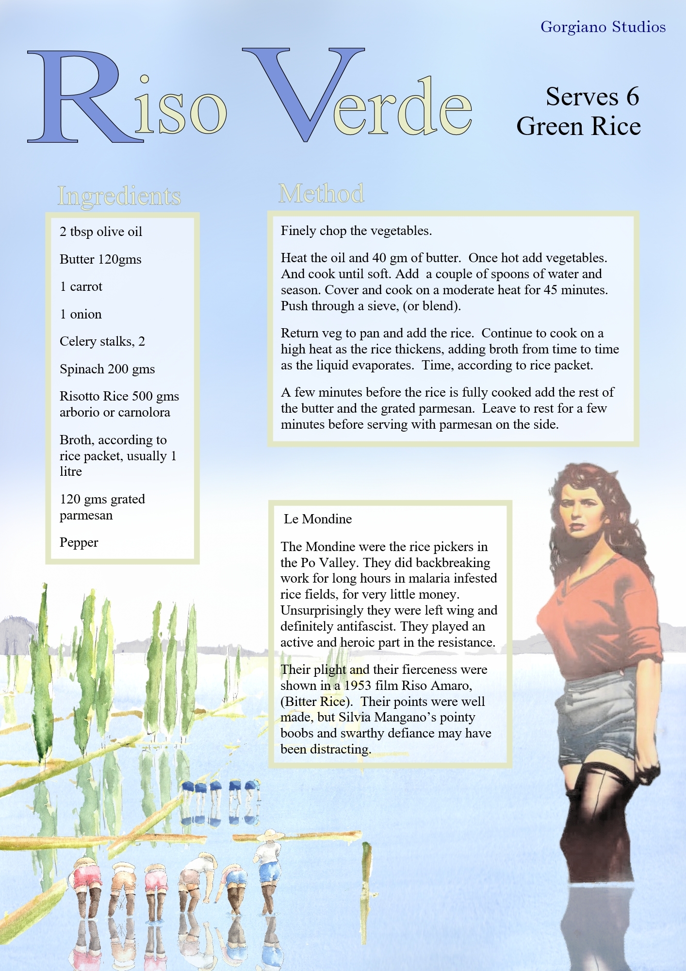 Recipe card for Riso Verde or spring Risotto from Gorgiano Studios, illustrated by Caroline Crawford