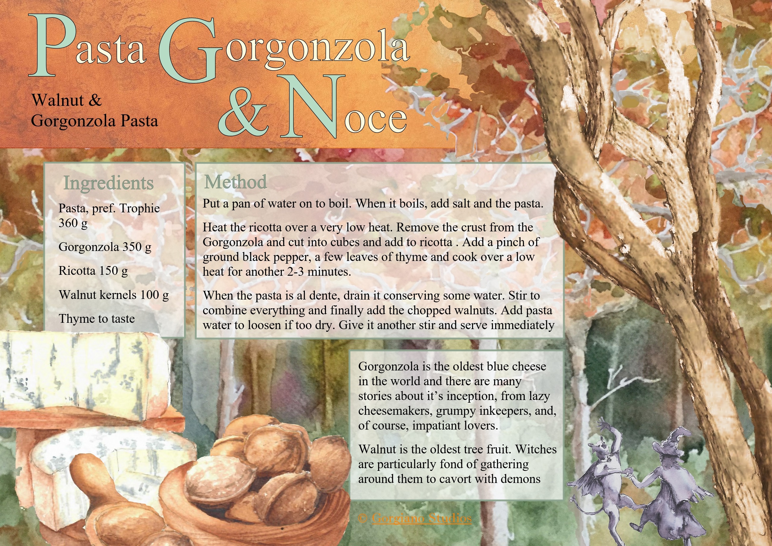 Pasta Gorgonzola e noce recipe card. no ads