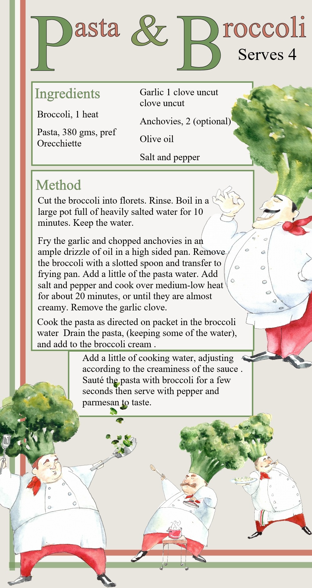 Pasta broccoli, Recipe card, no ads