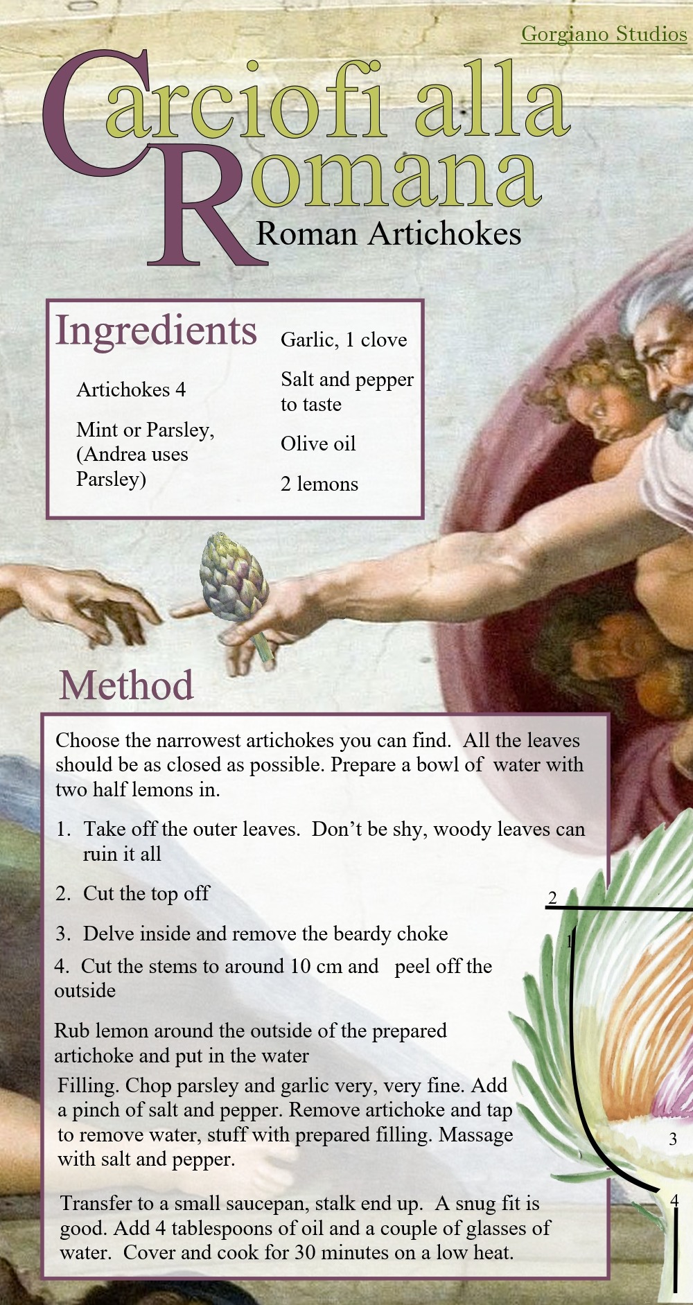 Carciofi Romano, roman artichokes, recipe card, no ads