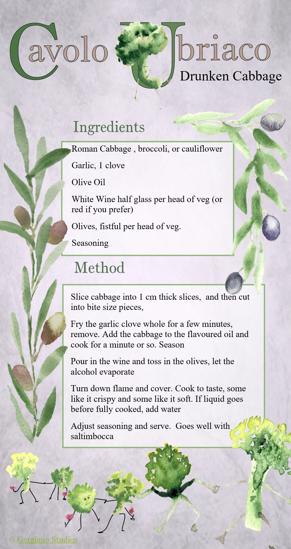 Cavolo Ubriaco, drunken cabbage, recipe card, no ads