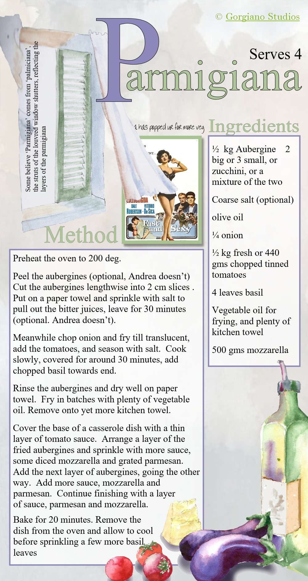 Parmgiana recipe from Gorgianos Studios, delicious Italian food from paintingholidaysitay.com illustrated by Caroline Crawford