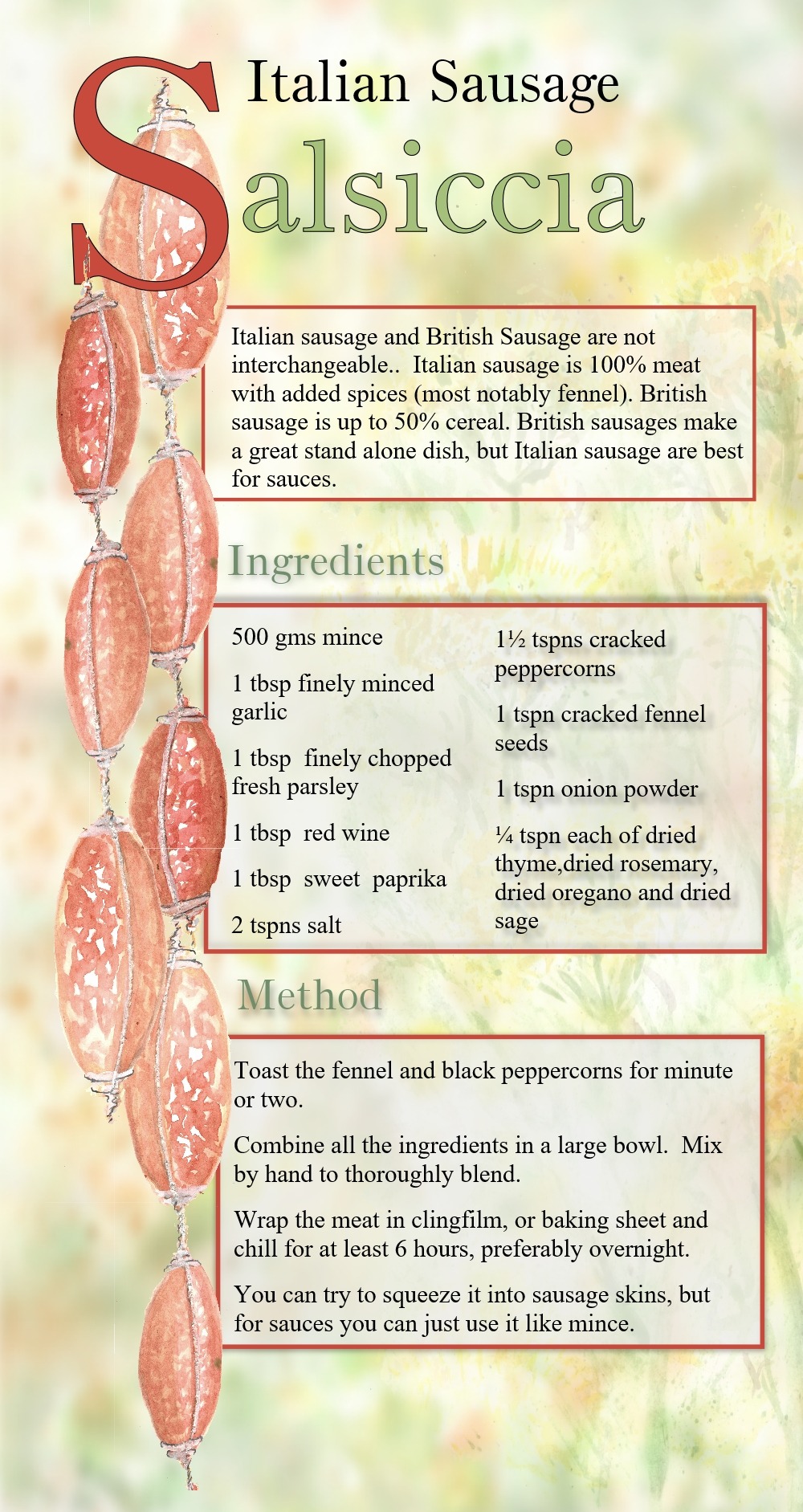 Salsiccia, Italian sausage recipe card, no ads