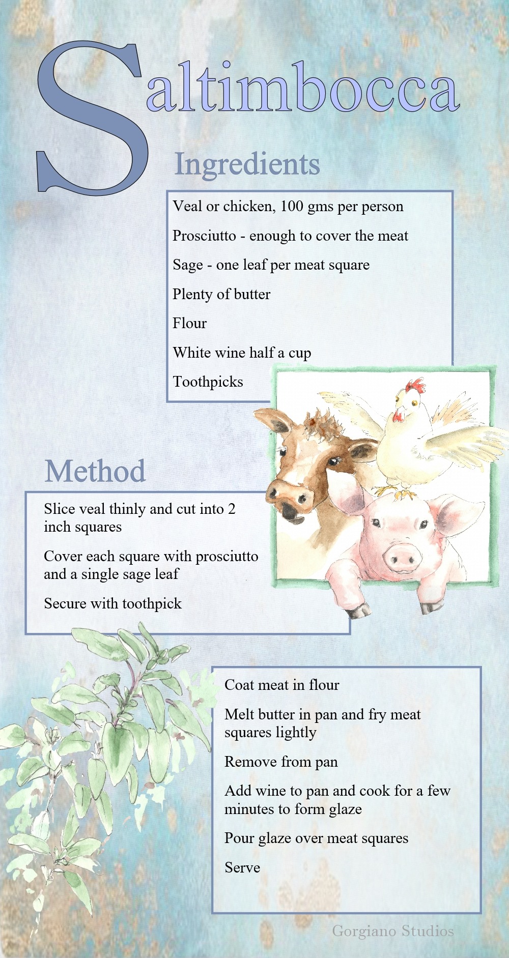 The recipe for saltimbocca for Gorgiano studios, drawn by Caroline Crawford