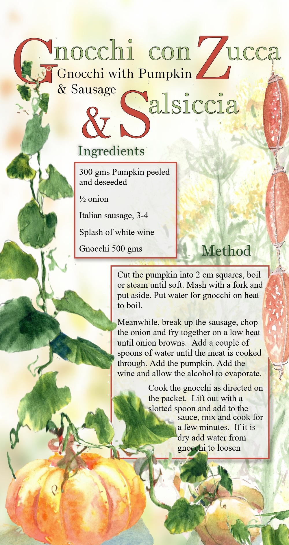Gnocchi with salsicia and Pumpkin, Recipe card, no ads