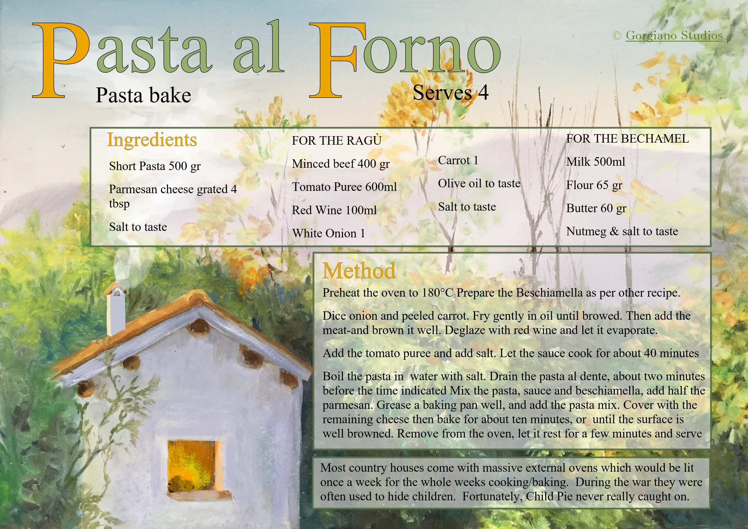 Pasta al Forno Recipe card for your painting holiday in Italy