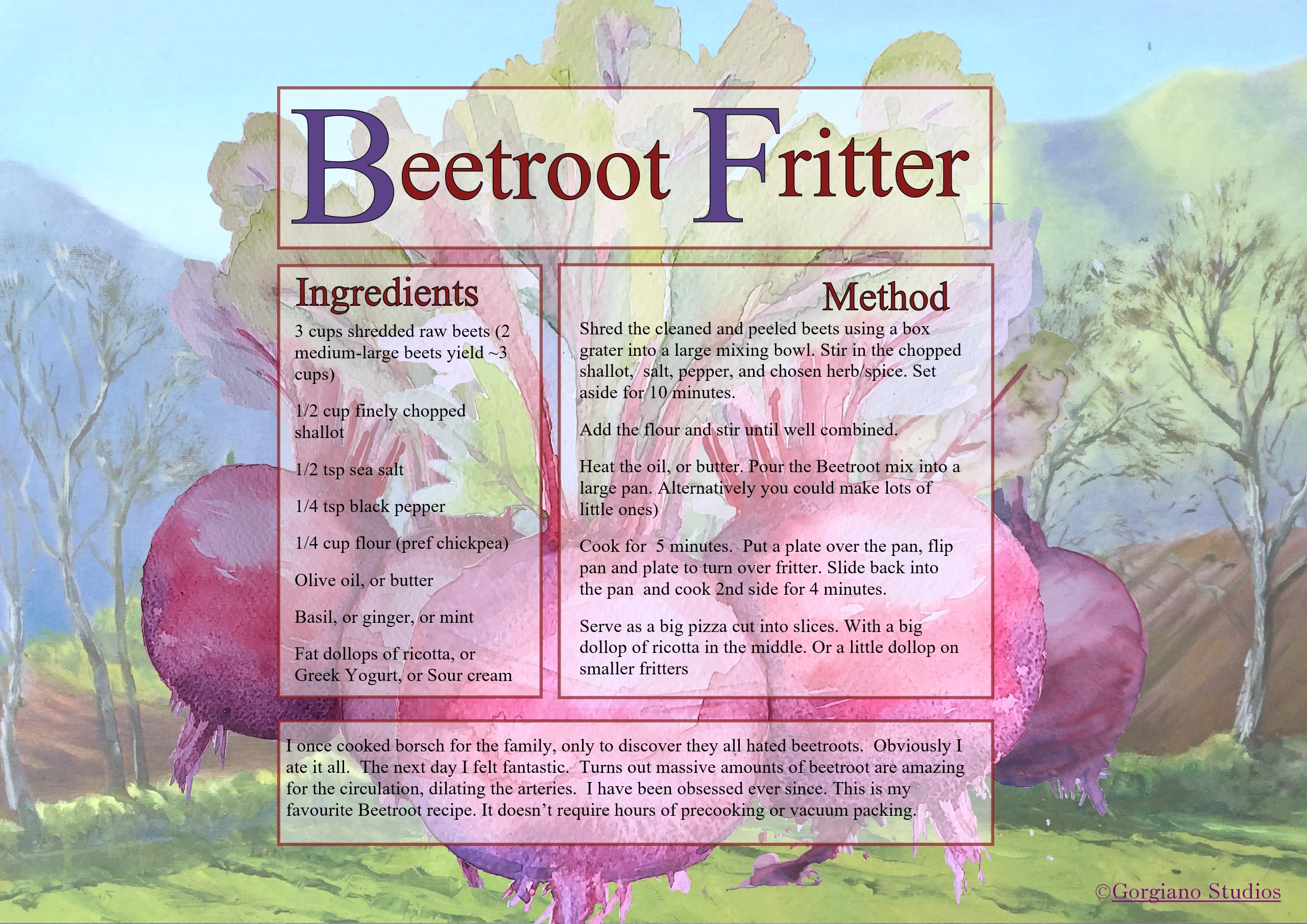 Beetroot fritter Gorgiano recipe for painting holiday in italy