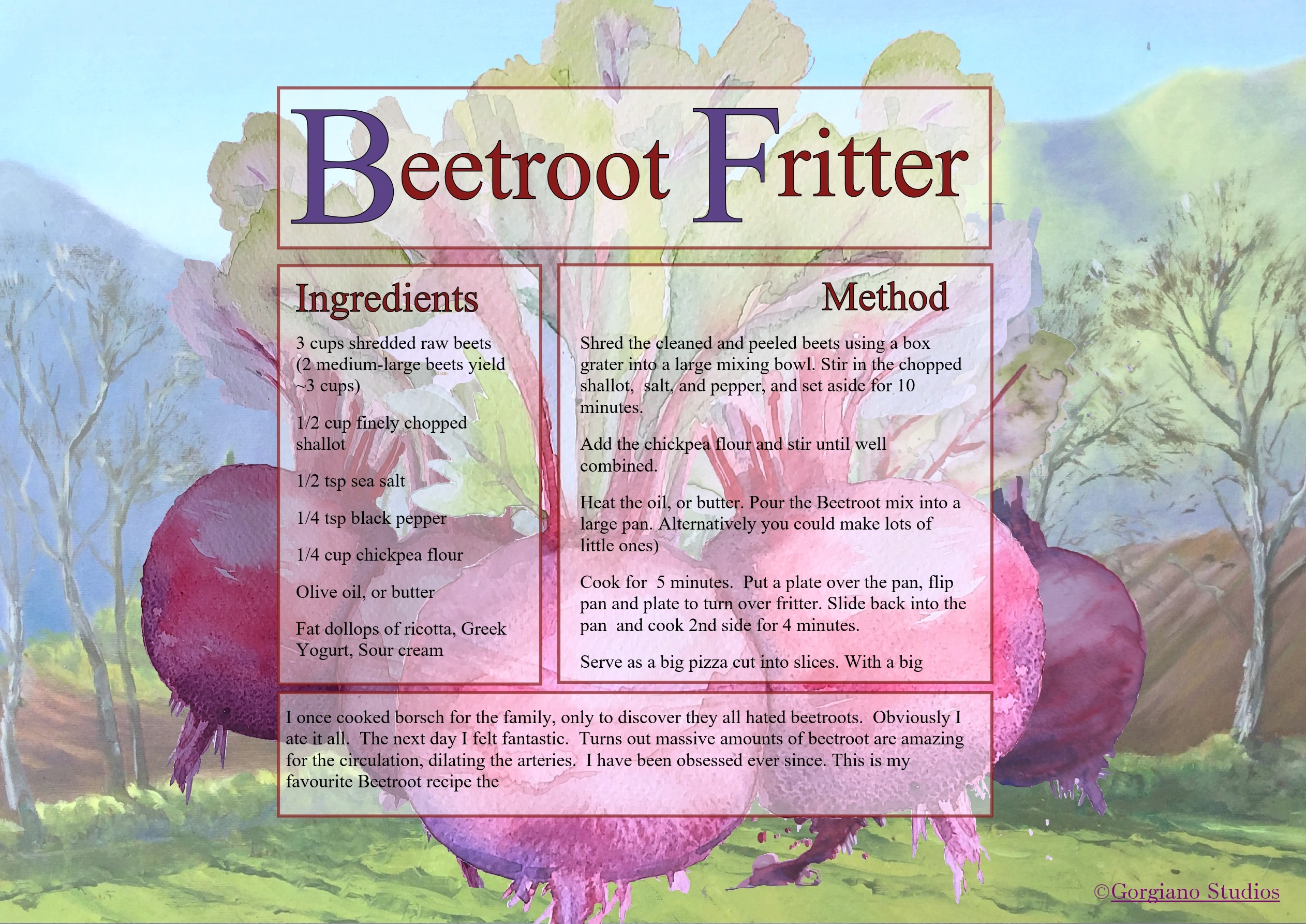 Beetroot fritter Gorgiano recipe for painting holiday in italy