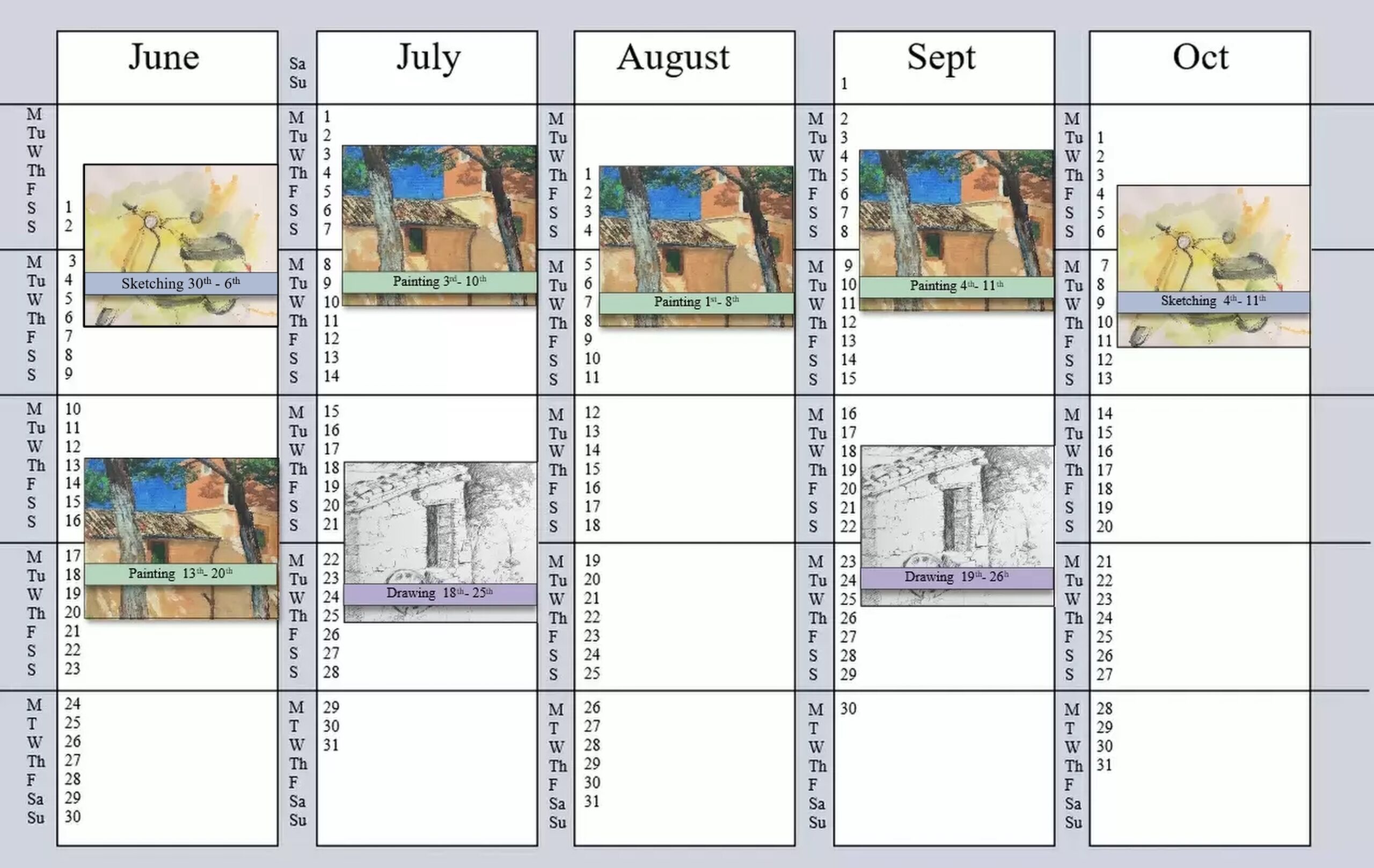 calendar for your painting holiday in Italy