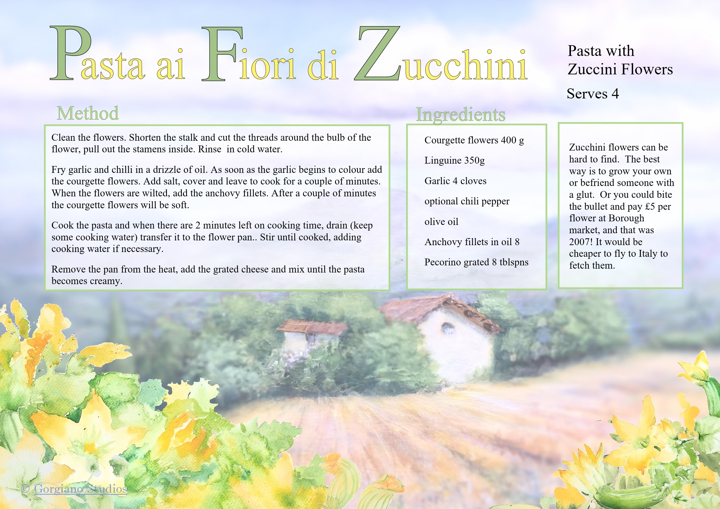 Pasta with Zuccini Flowers, Gorgiano Recipes, Painting holidays in Italy