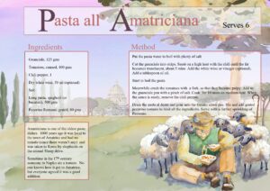 Pasta Amatriciana, recipe card, painting in italy