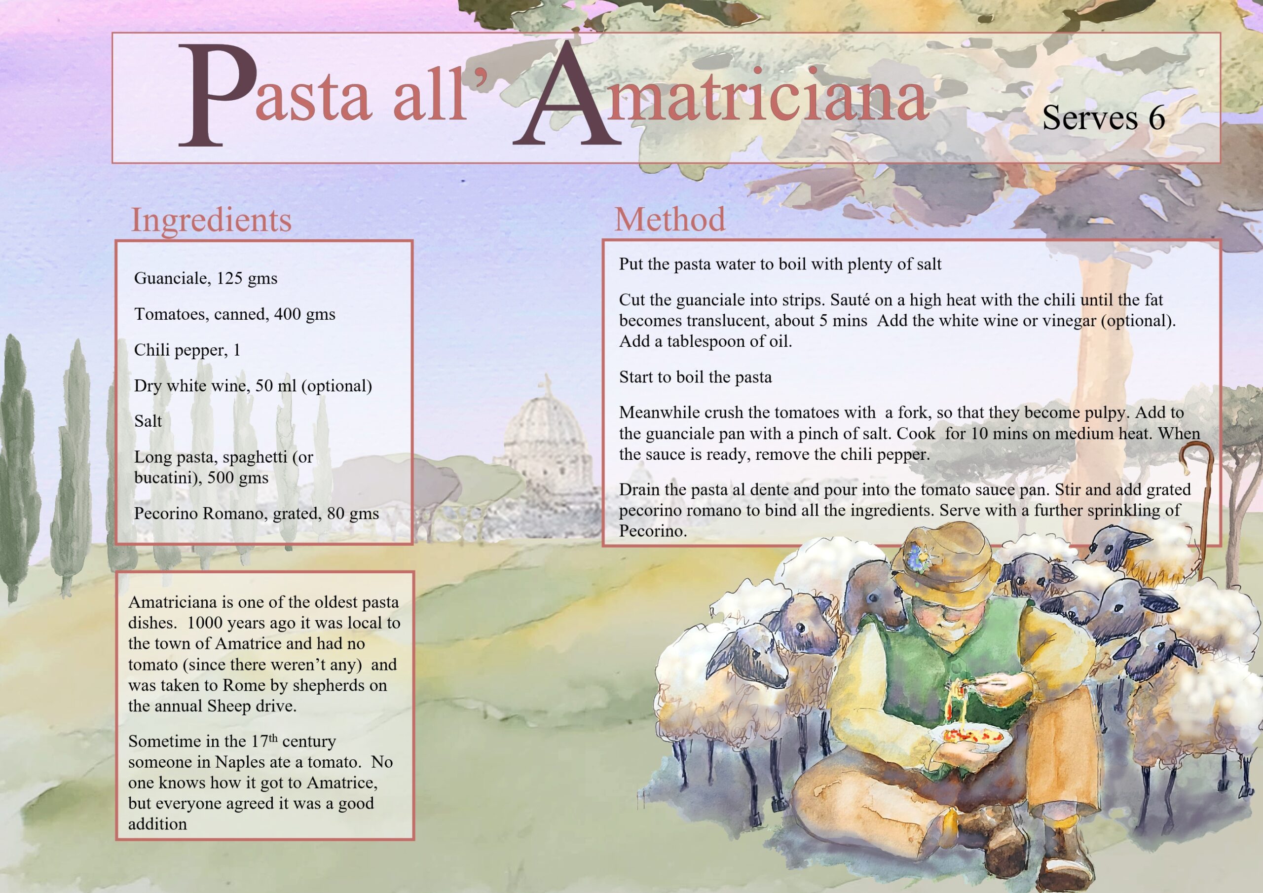 Pasta Amatriciana, recipe card, painting in italy