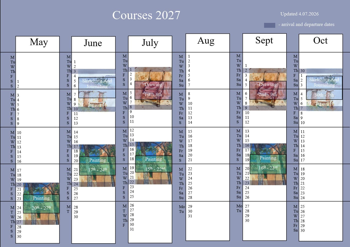 Dates for your2027 painting holiday